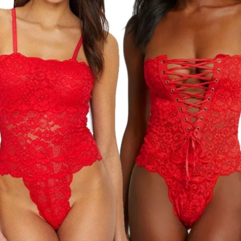 NWT Free People HAH | Reversible Siren Red Spinster Lace Corset Look Bodysuit